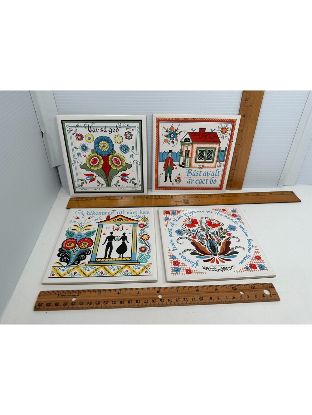 4 Vintage Swedish Design Ceramic Tile Berggren Flowers Var Sa God Bast Av Alt